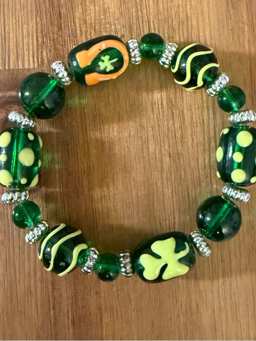 Handcrafted St. Patrick's Day Beaded glass bead stretch bracelet